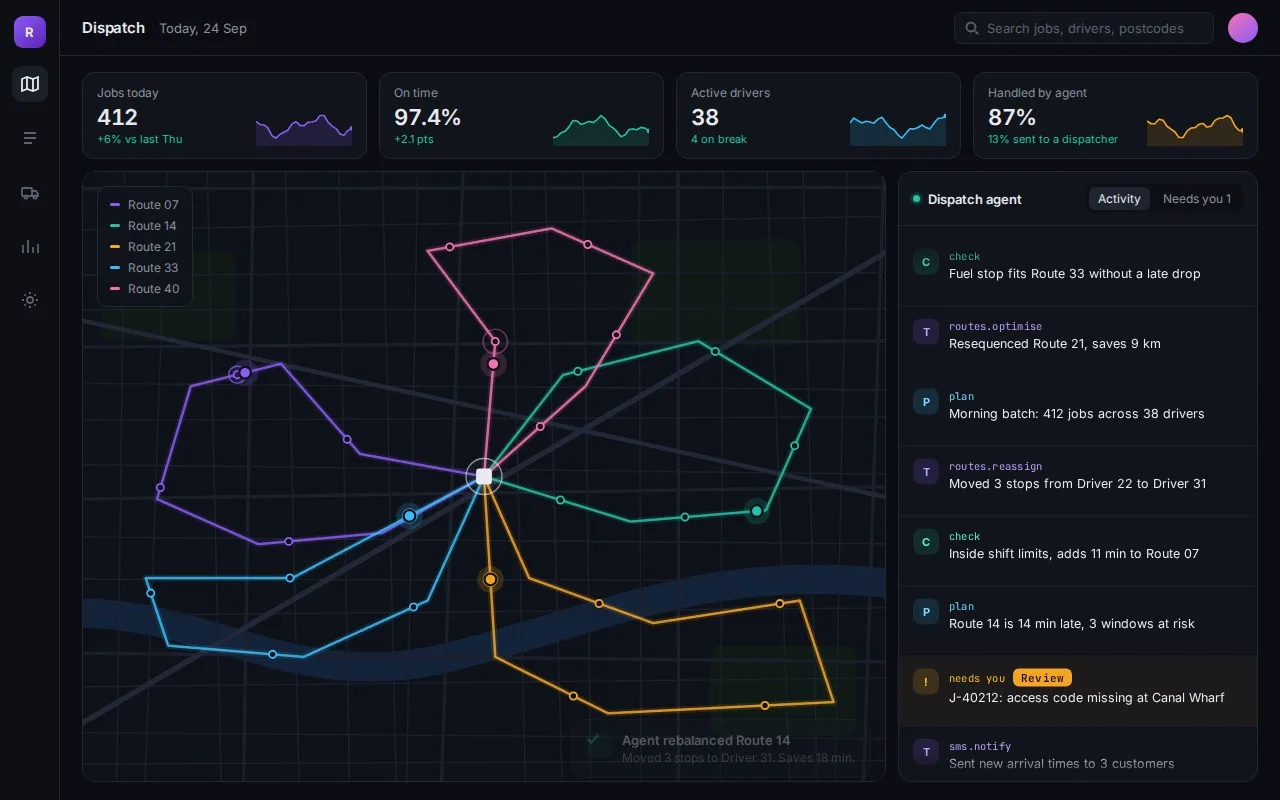 Dispatch console showing routes on a map beside an activity feed